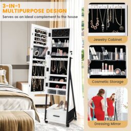 Costway Mobile Mirror Jewelry Cabinet Standing Makeup Organizer Jewelry Armoire w/ Lockable Door in White - thumbnail 4
