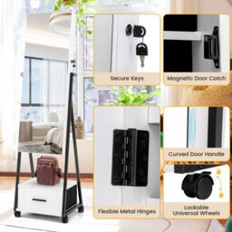 Costway Mobile Mirror Jewelry Cabinet Standing Makeup Organizer Jewelry Armoire w/ Lockable Door in White - thumbnail 5