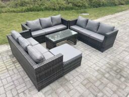 Fimous Outdoor Rattan Garden Furniture Lounge Sofa Set With Oblong Rectagular Coffee Table Footstool in Dark Grey - thumbnail 2