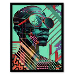 Artery8 Futuristic African Man Shades Portrait Teal Bold Framed Art Print in Green - Size: A4 - thumbnail 1