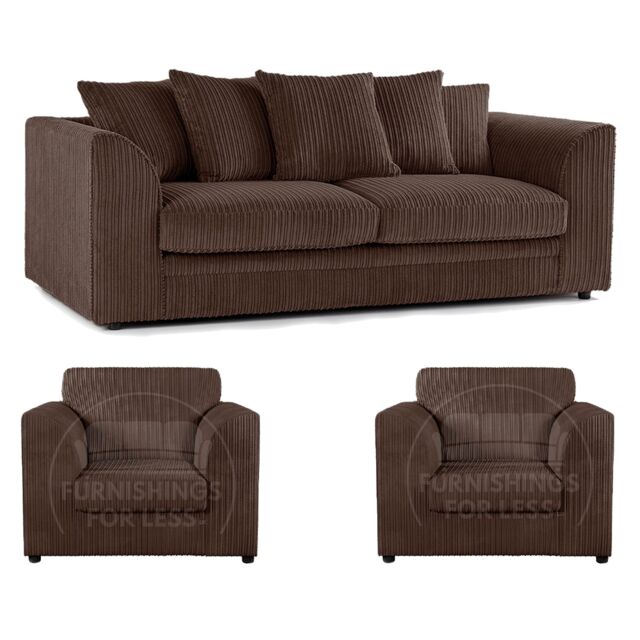 Furnishings For Less UK Luxor Jumbo Cord 3 + 1 + 1 Fabric 3 Piece Sofa Suite - Scatter Back in Chocolate - image 1