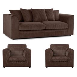 Furnishings For Less UK Luxor Jumbo Cord 3 + 1 + 1 Fabric 3 Piece Sofa Suite - Scatter Back in Chocolate