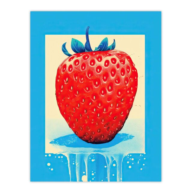 "Wee Blue Coo Wall Art Print Single Strawberry Fruit in Ice Frame Vibrant Blue Red Painting Poster - Size: W18"" x H24""" - image 1