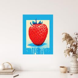 "Wee Blue Coo Wall Art Print Single Strawberry Fruit in Ice Frame Vibrant Blue Red Painting Poster - Size: W18"" x H24""" - thumbnail 4