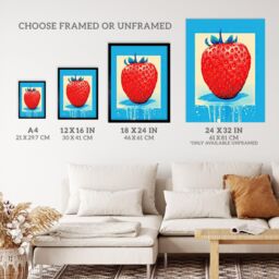 "Wee Blue Coo Wall Art Print Single Strawberry Fruit in Ice Frame Vibrant Blue Red Painting Poster - Size: W18"" x H24""" - thumbnail 3