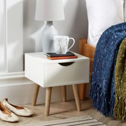 Home Source Bedside Cabinet 1 Drawer Bedroom Side Table for Storage Wooden Legs in White - thumbnail 2
