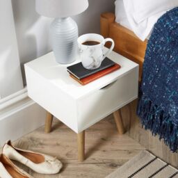 Home Source Bedside Cabinet 1 Drawer Bedroom Side Table for Storage Wooden Legs in White - thumbnail 4