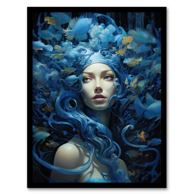 "Artery8 Goddess Of The Sea Mermaid Lore Concept Striking Artwork In Blue Art Print Framed Poster Wall Decor in Black - Size: W12"" x H16""" - image 1