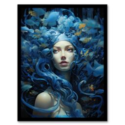 "Artery8 Goddess Of The Sea Mermaid Lore Concept Striking Artwork In Blue Art Print Framed Poster Wall Decor in Black - Size: W12"" x H16""" - thumbnail 1