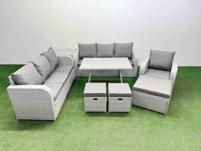 Fimous 8 Pieces Outdoor PE Rattan Garden Furniture with Side Table 3 Stool in Light Grey - image 1