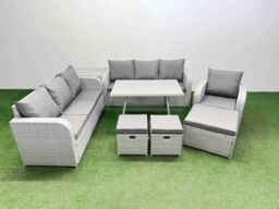 Fimous 8 Pieces Outdoor PE Rattan Garden Furniture with Side Table 3 Stool in Light Grey - thumbnail 2