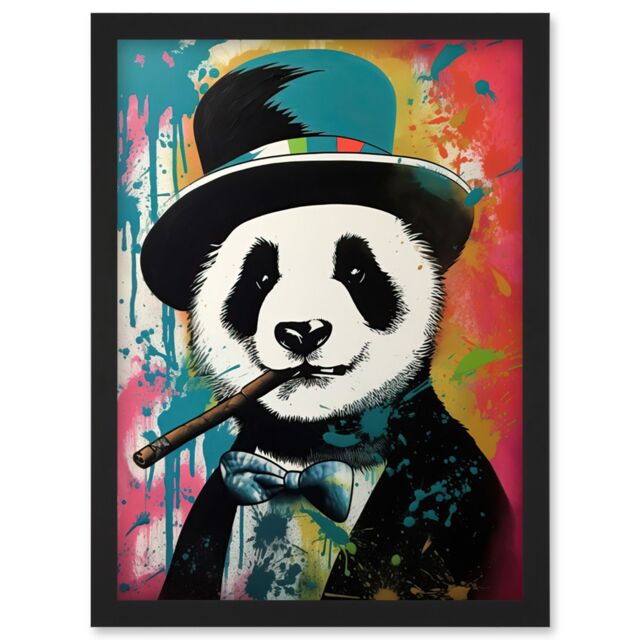 Artery8 Panda Bear Wearing Blue Top Hat Suit Smoking Cigar Artwork Framed Wall Art Print A4 in Black - image 1