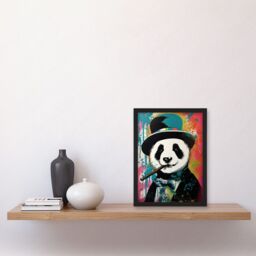 Artery8 Panda Bear Wearing Blue Top Hat Suit Smoking Cigar Artwork Framed Wall Art Print A4 in Black - thumbnail 2