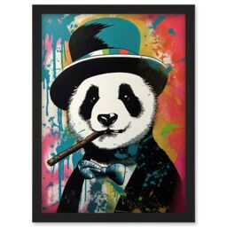 Artery8 Panda Bear Wearing Blue Top Hat Suit Smoking Cigar Artwork Framed Wall Art Print A4 in Black - thumbnail 1