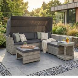 NESTLUNE Garden Gear Rattan Daybed With Canopy Outdoor Patio in Grey - Size: 100 cm x 15 cm - thumbnail 2