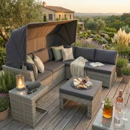 NESTLUNE Garden Gear Rattan Daybed With Canopy Outdoor Patio in Grey - Size: 100 cm x 15 cm - thumbnail 4