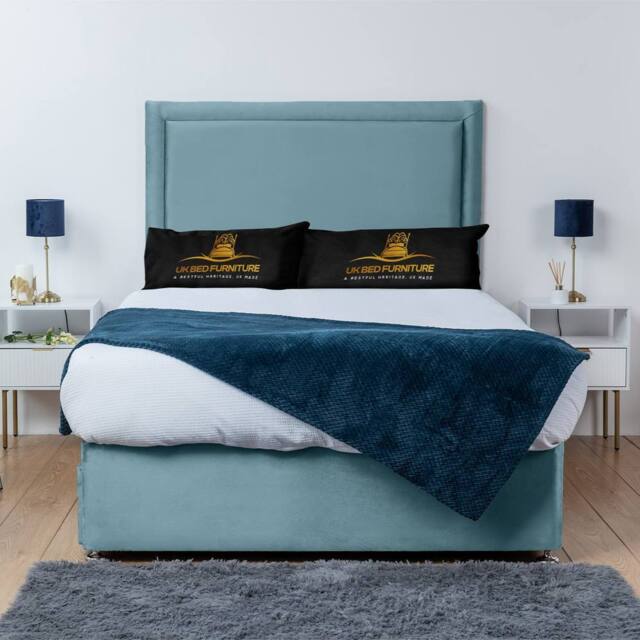 UK Bed Furniture Ascot Divan Bed Base with 26 Inch Headboard - No Storage in Light Blue - Size: King - image 1