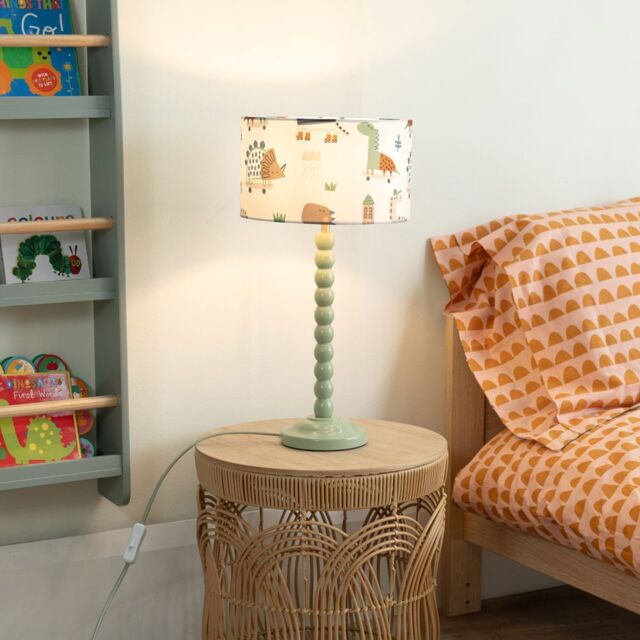 ValueLights Bobbins Sage Green Table Lamp with Cartoon Dino Drum Lamp Shade - image 1