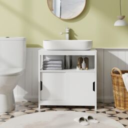 Gymax Bathroom Cabinet Under Sink With Sliding Door &U-shaped Cut-out in White - thumbnail 3