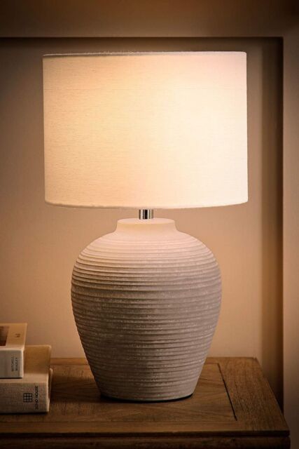 ValueLights Reid Linen Drum Lamp Shade Textured Ribbed Ceramic Table Lamp with LED Bulb in Grey - Size: Small - image 1