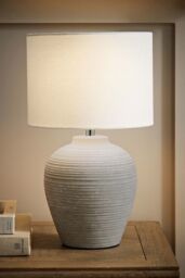 ValueLights Reid Linen Drum Lamp Shade Textured Ribbed Ceramic Table Lamp with LED Bulb in Grey - Size: Small - thumbnail 2