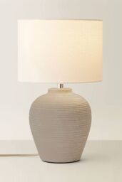 ValueLights Reid Linen Drum Lamp Shade Textured Ribbed Ceramic Table Lamp with LED Bulb in Grey - Size: Small - thumbnail 3