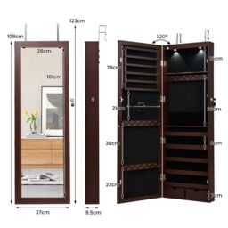 Costway Wall/Door Mounted Jewelry Armoire Organizer Full-length Mirror Storage Cabinet in Brown - thumbnail 2