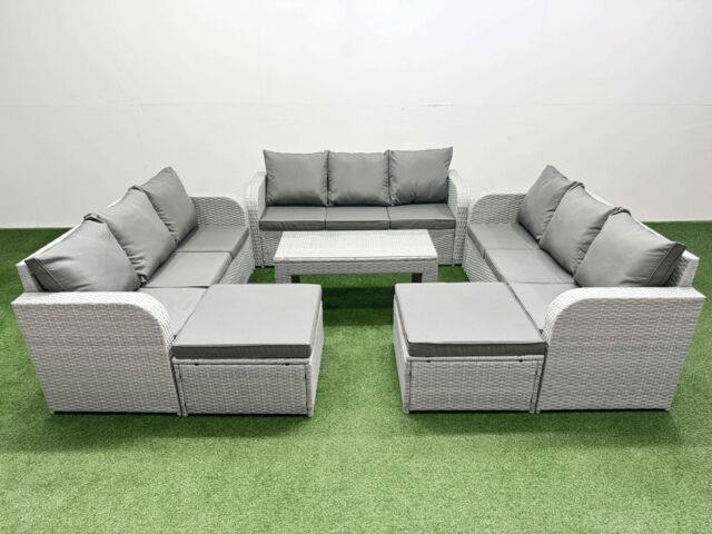 Fimous PE Rattan Lounge Sofa Set 11 Seater Outdoor Garden Furniture Set with Oblong Coffee Table 3 Seater Sofa 2 Big Footstools Light Grey - image 1