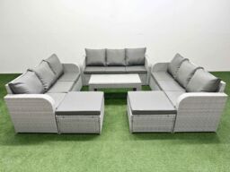 Fimous PE Rattan Lounge Sofa Set 11 Seater Outdoor Garden Furniture Set with Oblong Coffee Table 3 Seater Sofa 2 Big Footstools Light Grey - thumbnail 1
