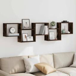 Berkfield Home Wall Cube Shelf 5 Compartments Smoked Oak Engineered Wood in Brown - thumbnail 3