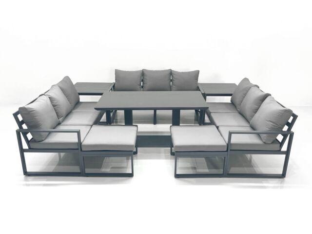 Fimous 11 Seater Garden Sofa Set Aluminium Furniture Rising Dining Tabe Set with 2 Side Tables 2 Big Footstools Dark Grey - image 1