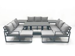 Fimous 11 Seater Garden Sofa Set Aluminium Furniture Rising Dining Tabe Set with 2 Side Tables 2 Big Footstools Dark Grey - thumbnail 1