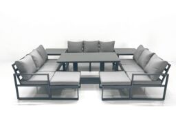 Fimous 11 Seater Garden Sofa Set Aluminium Furniture Rising Dining Tabe Set with 2 Side Tables 2 Big Footstools Dark Grey - thumbnail 2