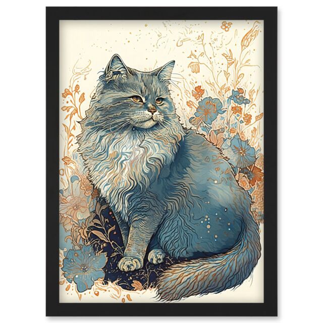 Artery8 Fluffy Cat in Wildflowers Teal & Orange Watercolour Illustration Artwork Framed Wall Art Print A4 in Black - image 1