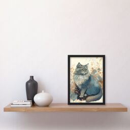 Artery8 Fluffy Cat in Wildflowers Teal & Orange Watercolour Illustration Artwork Framed Wall Art Print A4 in Black - thumbnail 2