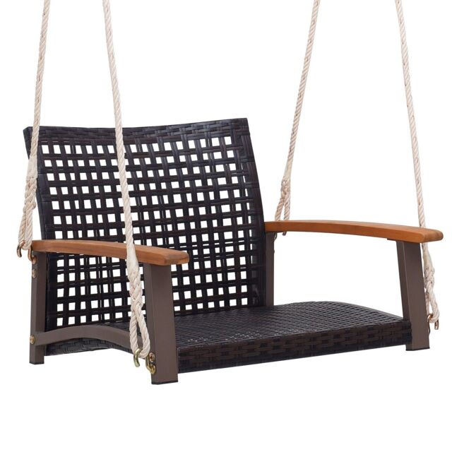 Costway Rattan Porch Swing Outdoor Patio Wicker Single Hanging Seat for 1 person in Brown - image 1