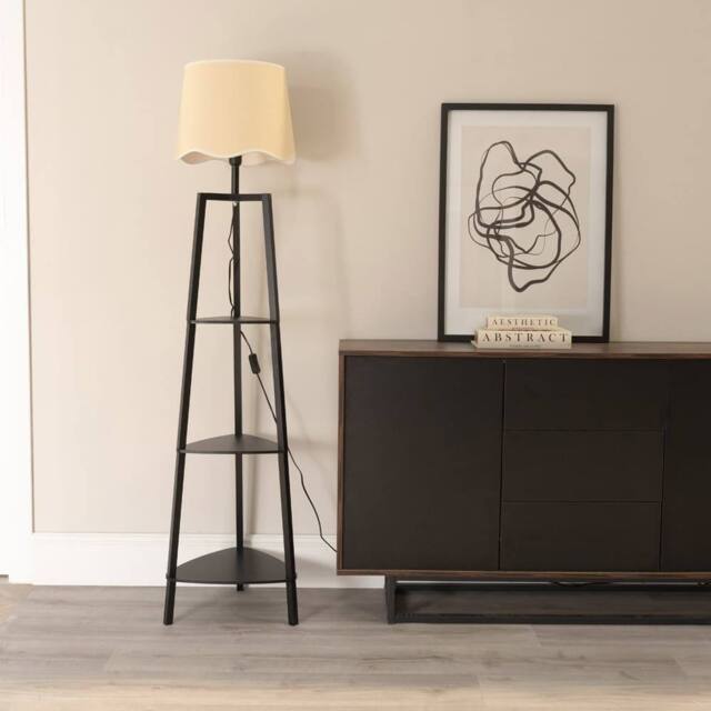 ValueLights Hiru Black 3 Tier Wood Shelf Floor Lamp with Trim Linen Scallop Shade in White - image 1