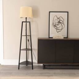 ValueLights Hiru Black 3 Tier Wood Shelf Floor Lamp with Trim Linen Scallop Shade in White - thumbnail 1