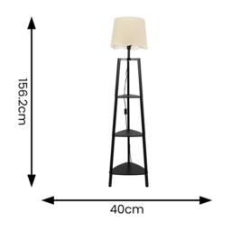 ValueLights Hiru Black 3 Tier Wood Shelf Floor Lamp with Trim Linen Scallop Shade in White - thumbnail 4