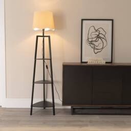 ValueLights Hiru Black 3 Tier Wood Shelf Floor Lamp with Trim Linen Scallop Shade in White - thumbnail 2
