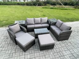 Fimous Outdoor Garden Furniture Sets 8 Pieces Wicker Rattan Furniture Sofa Sets with Rectangular Coffee Table Loveseat Sofa Footstool 2 Side Tables - thumbnail 2