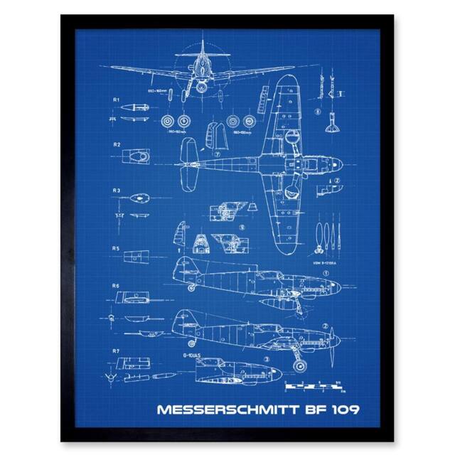 "Artery8 Messerschmitt Bf 109 Fighter Plane 2 Blue Plan 12x16"" Framed Art Print - Size: W12"" x H16""" - image 1