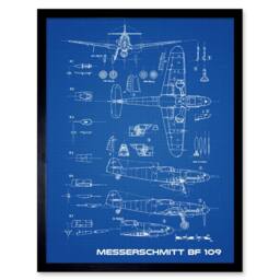 "Artery8 Messerschmitt Bf 109 Fighter Plane 2 Blue Plan 12x16"" Framed Art Print - Size: W12"" x H16""" - thumbnail 1