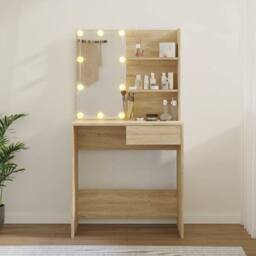 Berkfield Home White Dressing Table with LED Sonoma Oak 74.5x40x141 cm Engineere in Light Tan - thumbnail 4