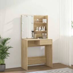Berkfield Home White Dressing Table with LED Sonoma Oak 74.5x40x141 cm Engineere in Light Tan - thumbnail 5