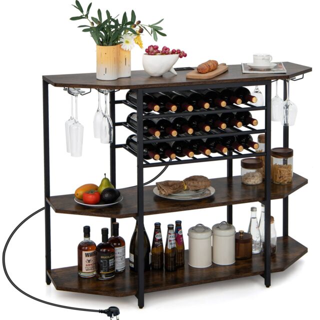 Costway Wine Bar Cabinet 3 Tier Industrial Wine Rack with Storage Shelves Glass Holder in Brown - image 1