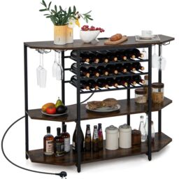 Costway Wine Bar Cabinet 3 Tier Industrial Wine Rack with Storage Shelves Glass Holder in Brown