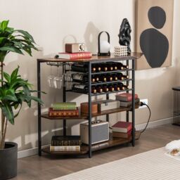 Costway Wine Bar Cabinet 3 Tier Industrial Wine Rack with Storage Shelves Glass Holder in Brown - thumbnail 6