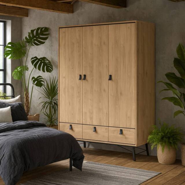 Wyld Haus Juno Wardrobe 3 Doors 3 Drawers Natural Oak - image 1