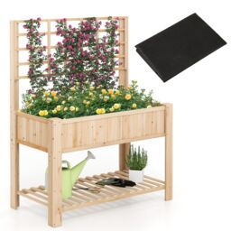 Gymax Wooden Elevated Planter Box With Trellis Raised Garden Bed & Shelf in Light Khaki